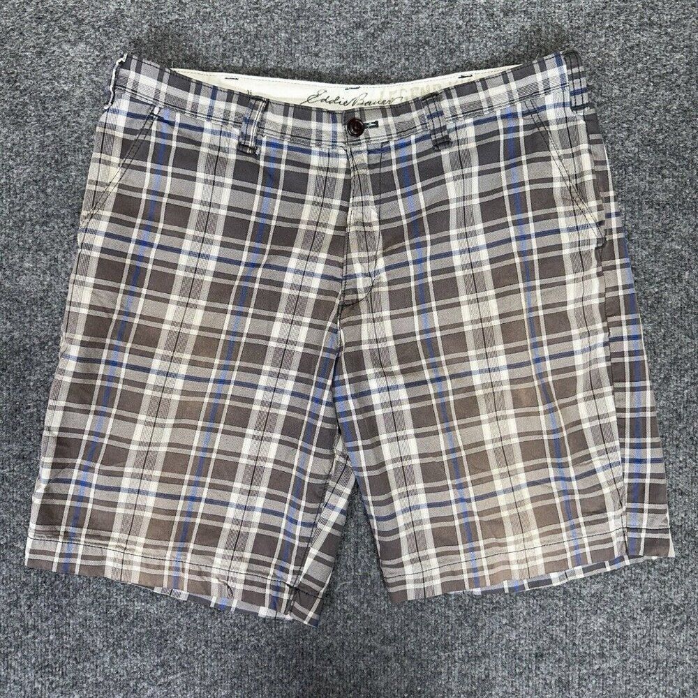 Eddie Bauer Shorts Mens‎ 38 (36x9) Blue Grey Plaid Legend Wash Flat Front Adult
